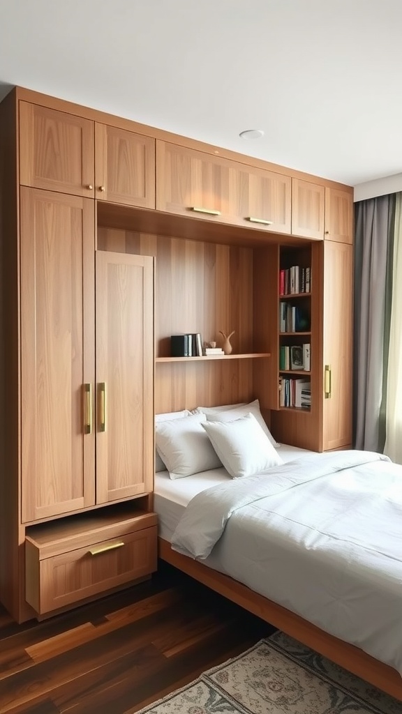 A modern built-in Murphy bed with warm wood tones, featuring shelves and storage space, showcasing an innovative office guest bedroom design.