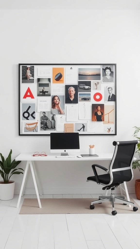A modern minimalist office setup featuring an inspiration board with various images and notes.