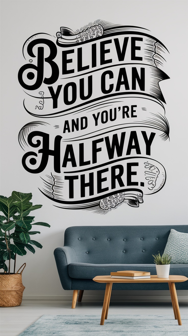 A stylish desk setup featuring an inspirational quote framed on the wall, with a modern chair and lamp.
