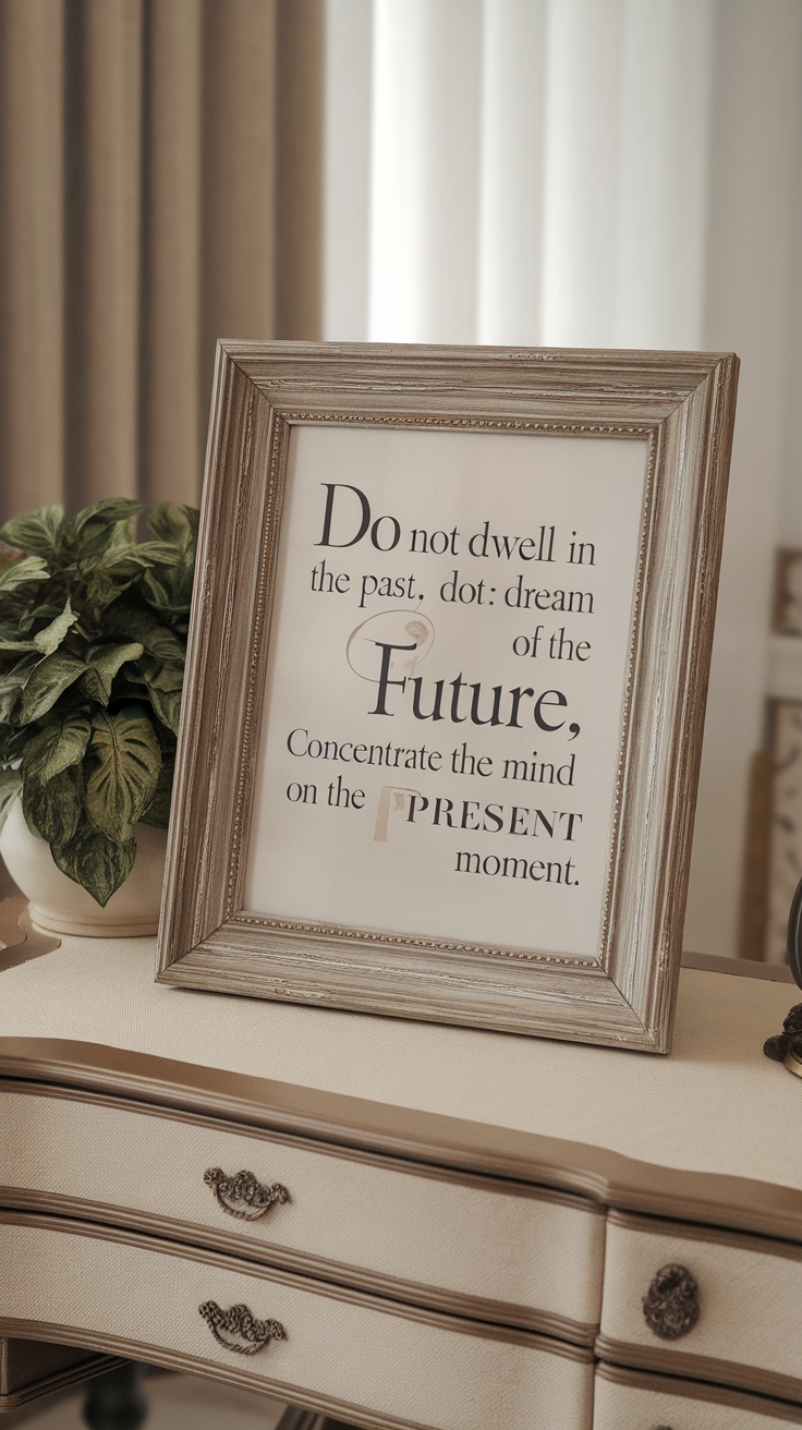 A chic desk with a framed inspirational quote, stylish lamp, and a small plant.