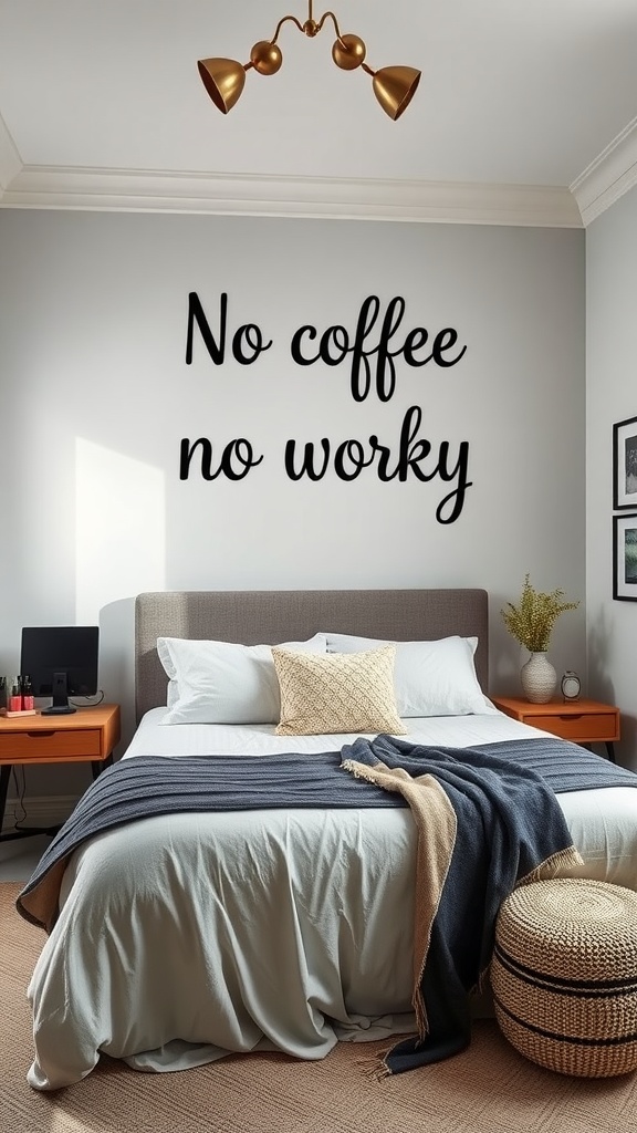A workspace featuring an inspirational quote on the wall, modern desk, and plants.