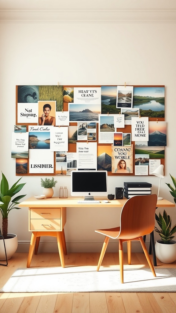 A cozy home office setup featuring a vision board with inspiring images and quotes, a wooden desk, a computer, and plants.