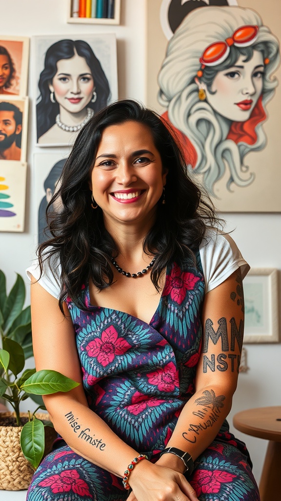 Two women conversing in a stylish office with portraits of inspirational women on the walls.