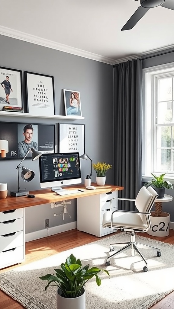Cozy English cottage style home office with a desk, chair, and natural decor