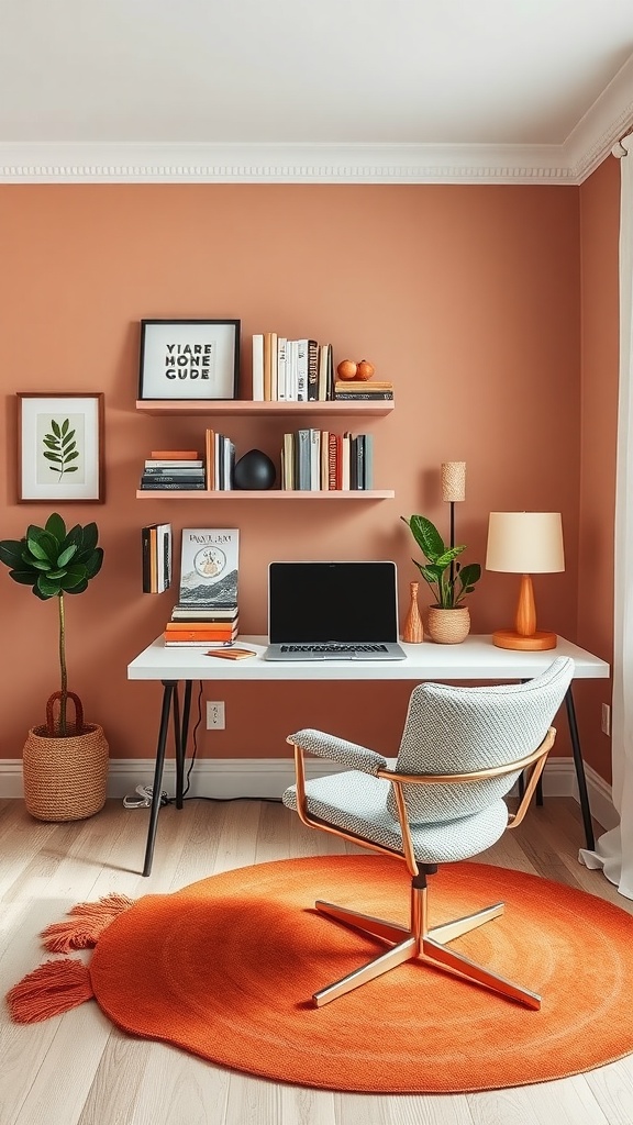 Scandinavian home office with neutral tones and colorful accents.