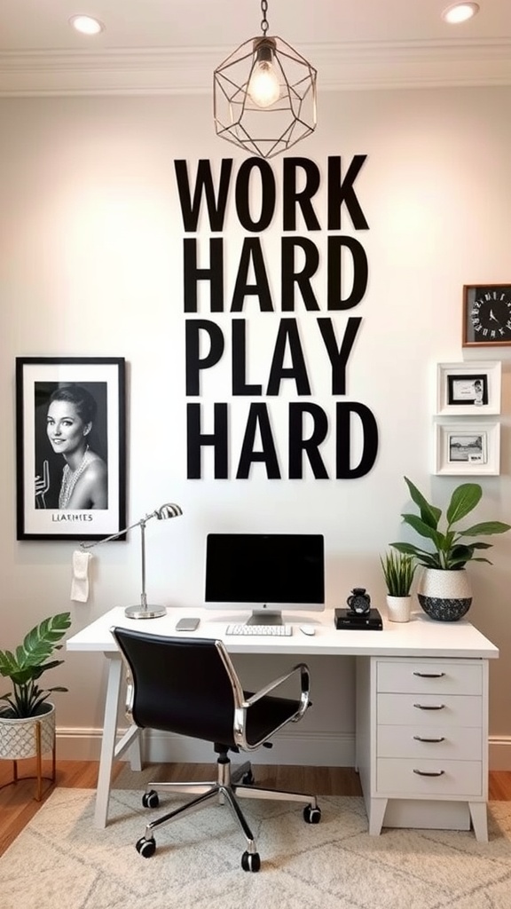 Home office with a wall of inspirational quotes, featuring a modern desk and stylish decor.