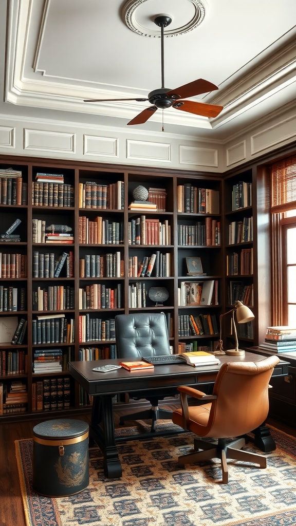 A cozy library office with wooden bookshelves filled with books, a desk, and a large window.