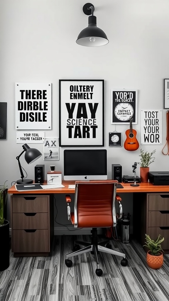 A vibrant home office with bold artwork, an orange desk, and cozy decor elements