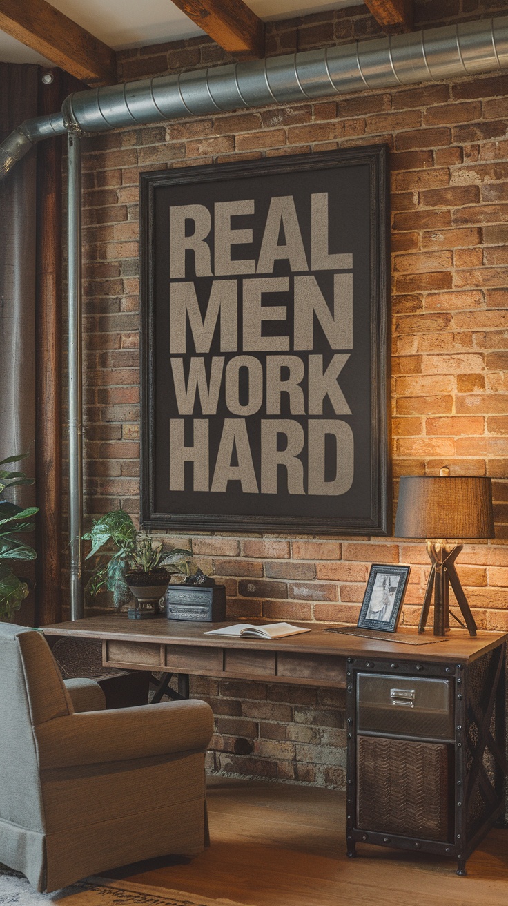 A modern home office with framed inspiring quotes displayed on the wall.