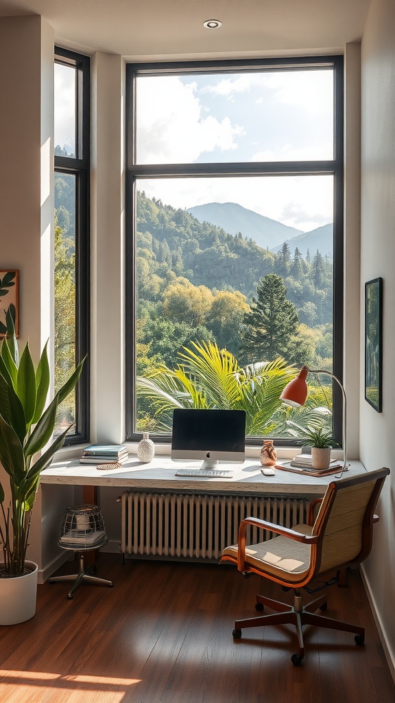 A cozy home office with a large window showcasing greenery and spring flowers, designed with plants and a desk.