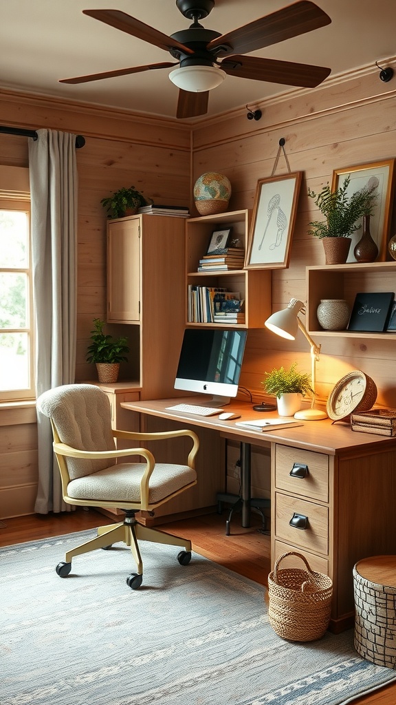 A cozy home office in an English cottage style featuring wooden walls, a desk with a computer, and vintage decor.