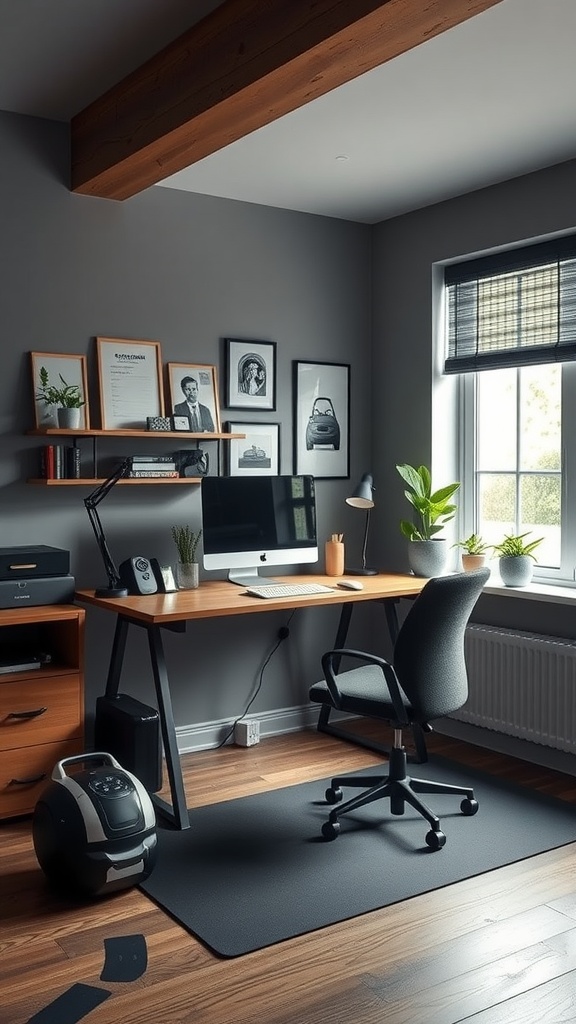 A cozy home office featuring a desk, chair, and fitness equipment in a bright room.