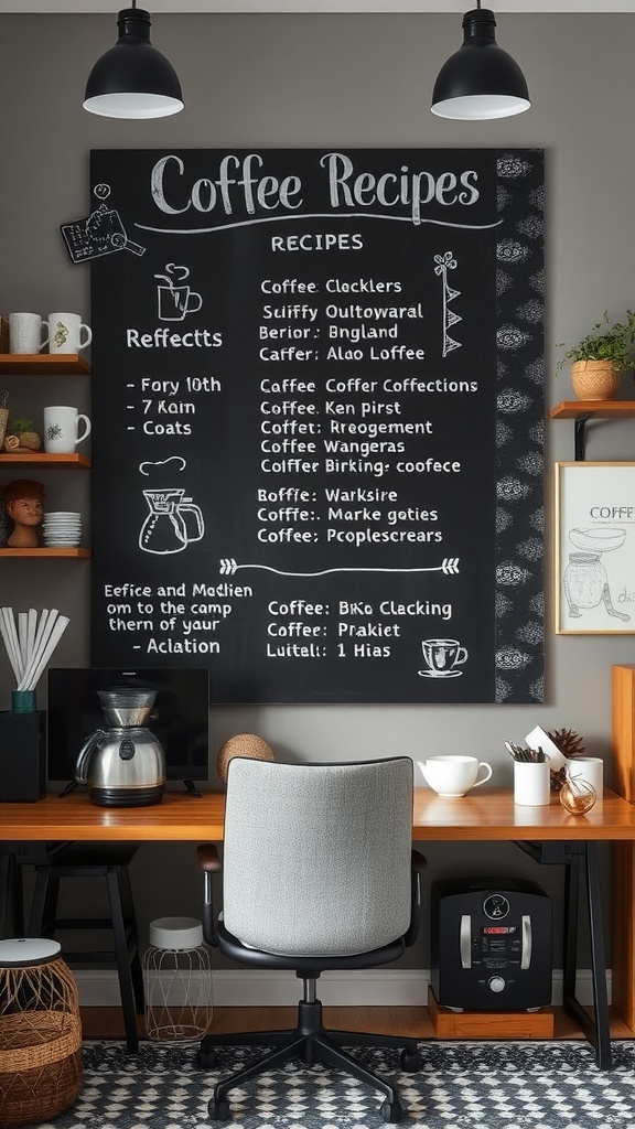 A coffee recipe board with various coffee names and recipes, enhancing a home office coffee corner.