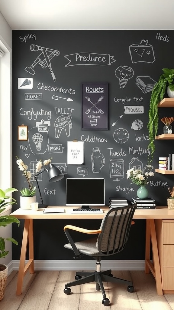 A stylish home office with a chalkboard wall filled with doodles and notes, a wooden desk, and a comfortable chair, surrounded by plants.