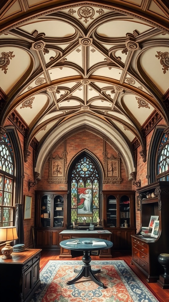 A gothic style home office featuring an intricately designed ceiling and stained glass window.