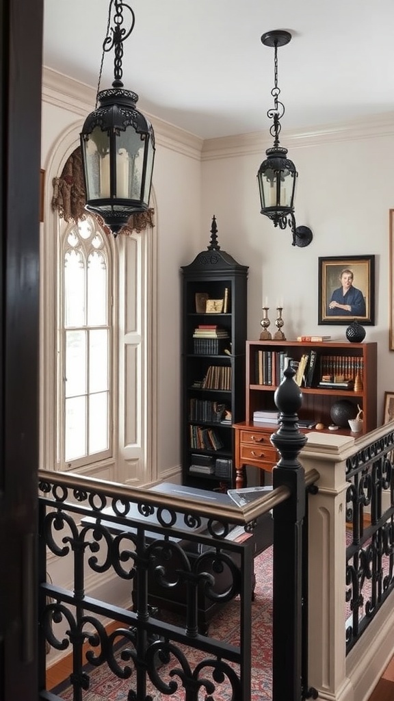 A home office featuring gothic architecture with intricate ironwork, a gothic rose window, and Victorian-style furniture.