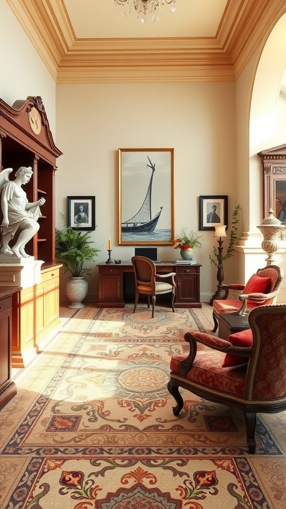 A stylish home office featuring intricate mosaic patterns on the floor, elegant furniture, and classic decor.