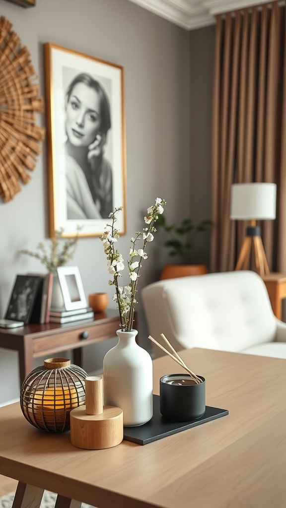 A cozy home office corner featuring a wooden desk, potted plants, and a comfortable chair, designed for a feminine and elegant touch.