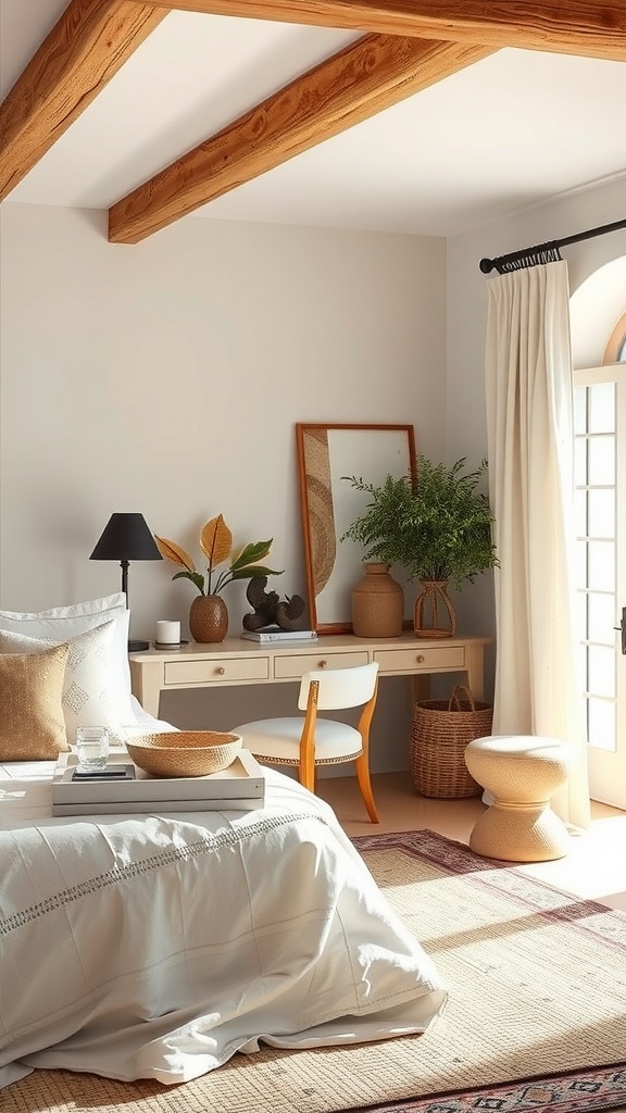 A cozy Mediterranean-style bedroom with wooden beams, a white bedspread, and a potted plant by the window.