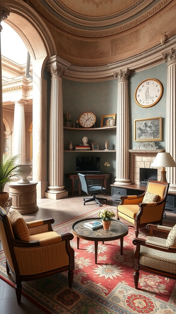 A beautifully designed home office featuring Roman architectural elements with columns, cozy seating, and decorative art.