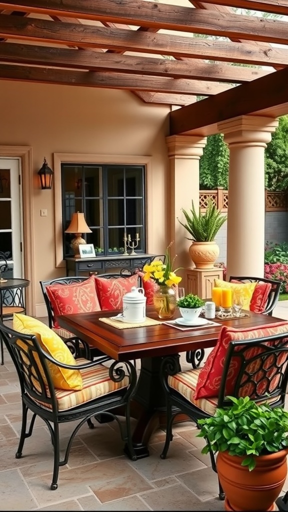 A cozy outdoor patio with a table and colorful chairs surrounded by plants and decorations.