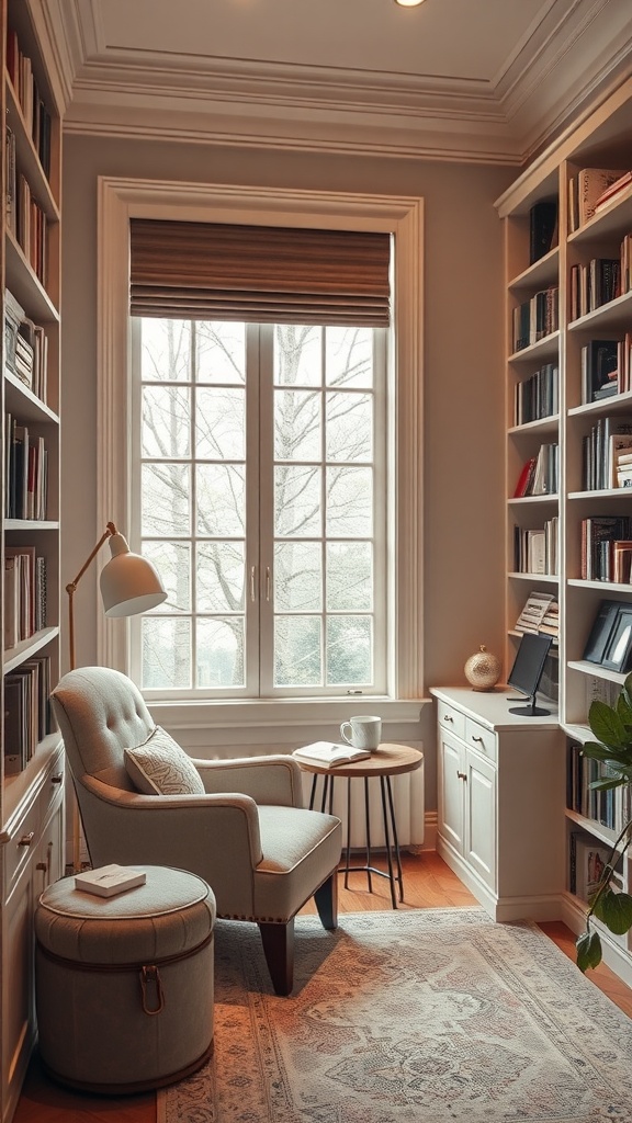 Cozy reading nook with an armchair, bookshelves, and a side table