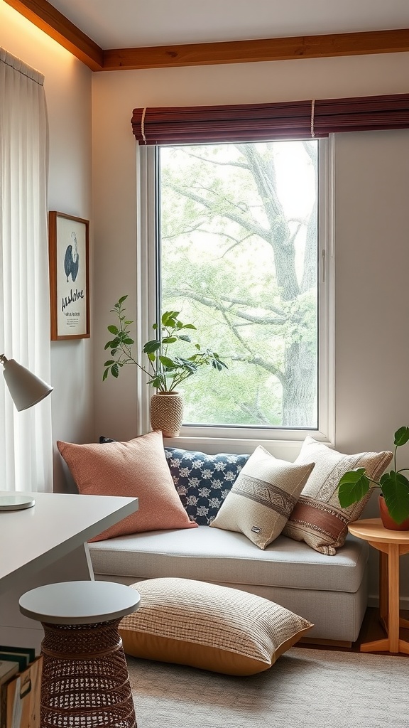 Cozy reading nook with soft lighting, cushions, and plants.