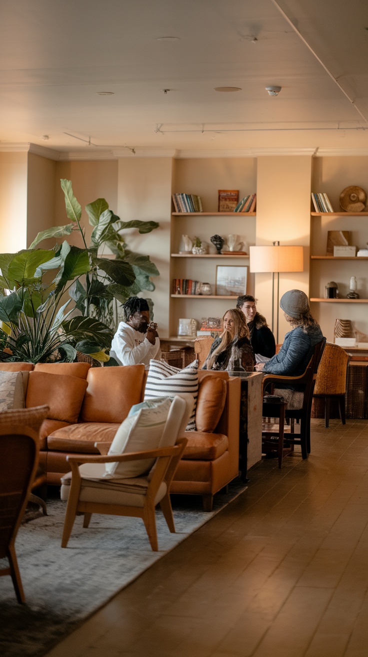 Cozy living room with large windows, a stylish rug, and two people chatting.
