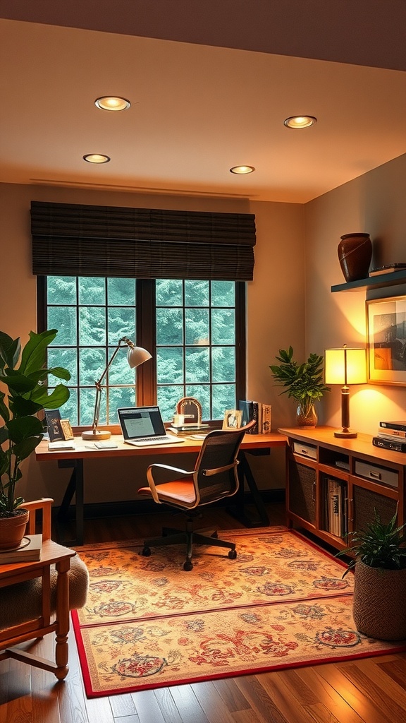 A cozy home office with warm lighting, featuring a desk, a comfortable chair, and decorative elements.