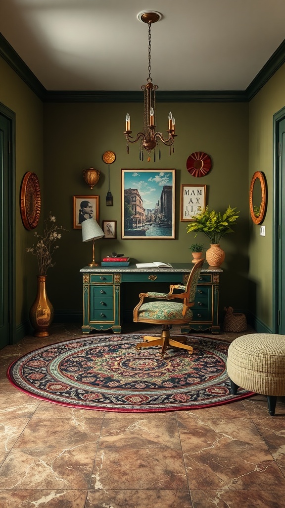 A cozy home office with olive green walls, wooden desk, and decorative elements.