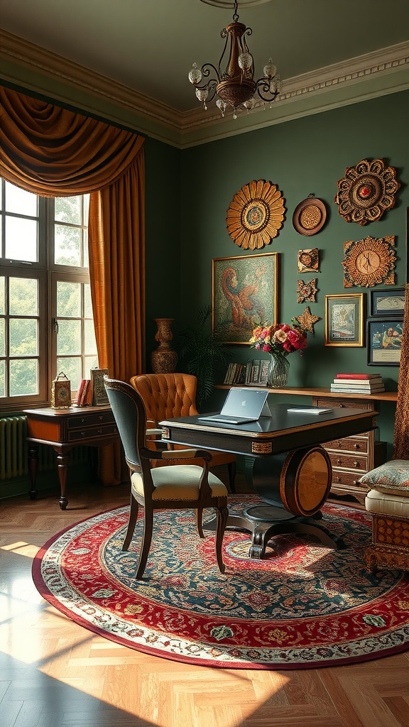 A cozy boho office featuring olive green walls, golden curtains, and a classic desk.