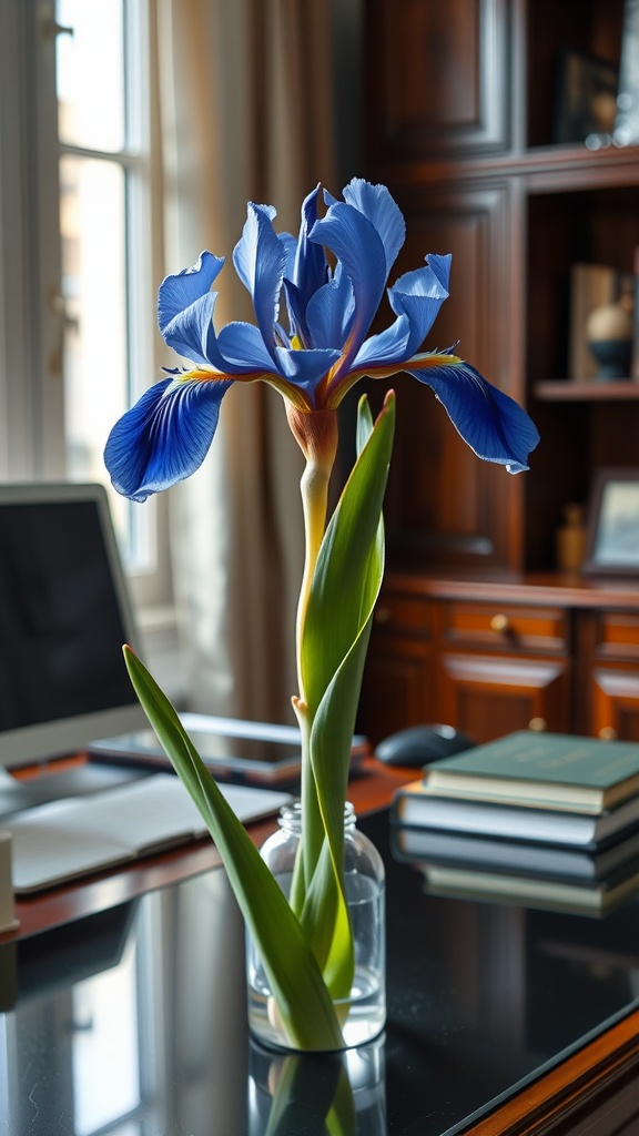 A vibrant blue iris flower in a clear vase, placed on a desk in a feminine home office setting
