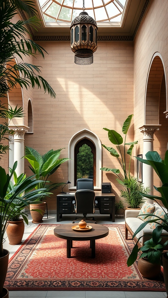 A modern home office inspired by Islamic architecture, featuring a round coffee table, plants, and a skylight.