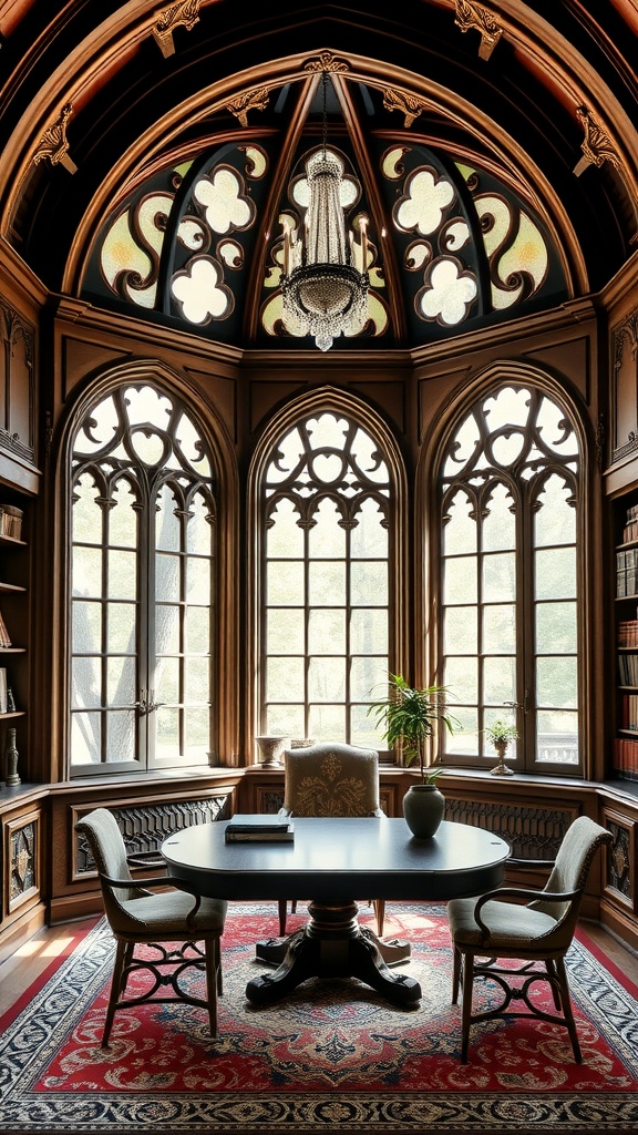 A Gothic Revival style home office featuring arched windows, intricate woodwork, and elegant furnishings.