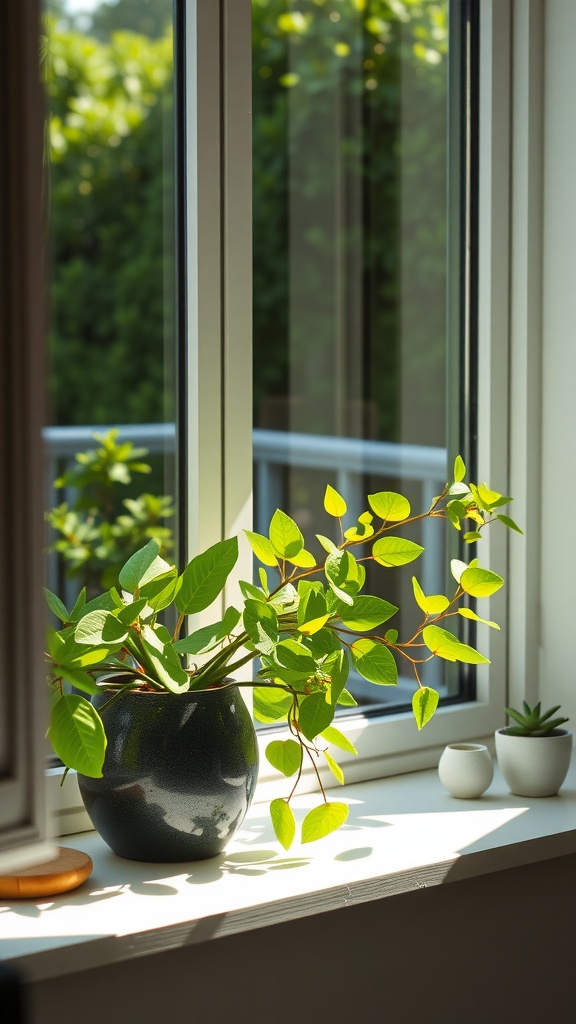 A jade plant in a dark pot on a sunny windowsill, with smaller succulents beside it.