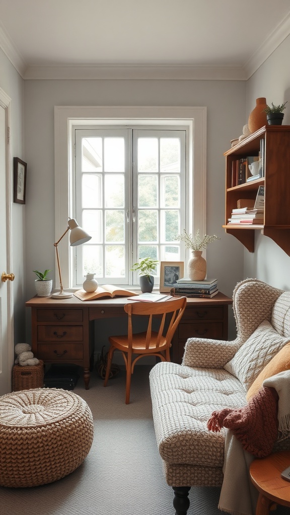 Cozy home office with knitted textiles, a wooden desk, and natural light