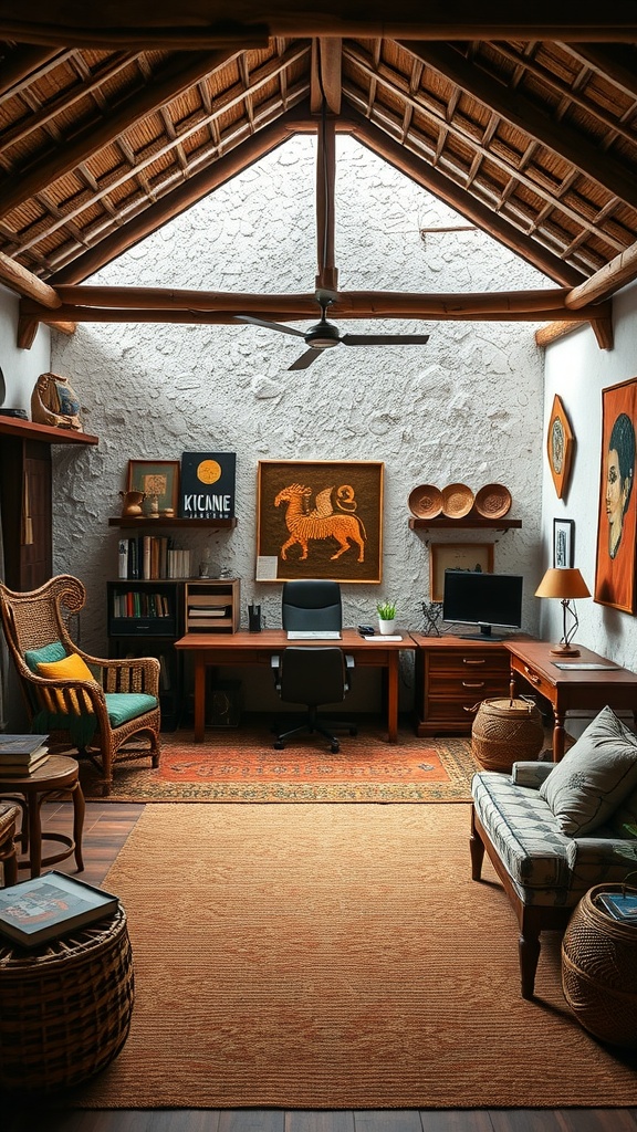 A stylish home office inspired by Kru architecture, featuring a thatched roof, wooden furniture, and African artwork.