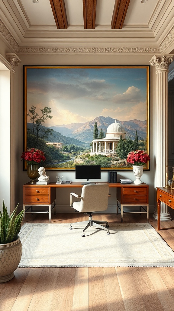 A beautifully decorated home office featuring a large landscape artwork depicting a classical Greek structure surrounded by mountains and greenery.
