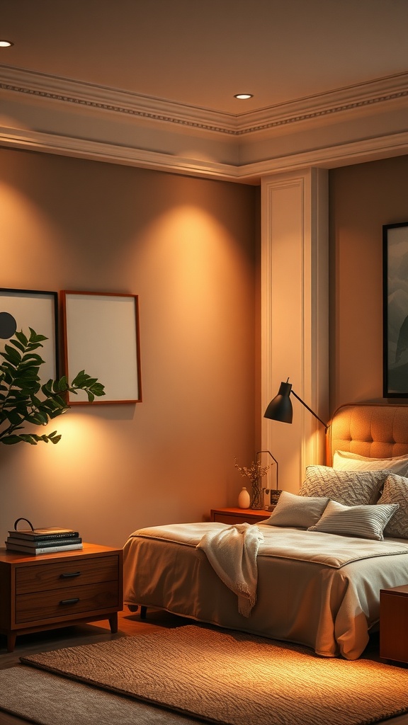 Cozy bedroom with layered lighting and warm tones