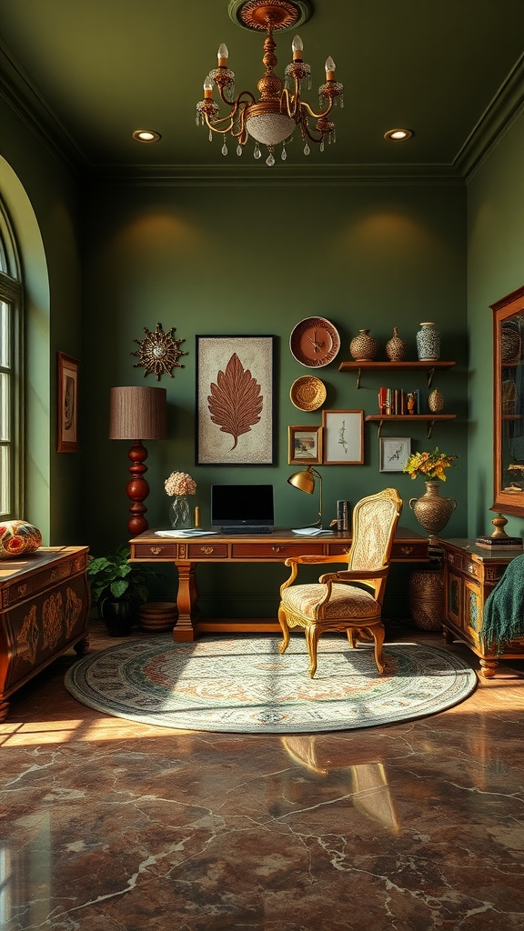 Cozy boho room with olive green walls, layered lighting from a chandelier and table lamp, and stylish decor.