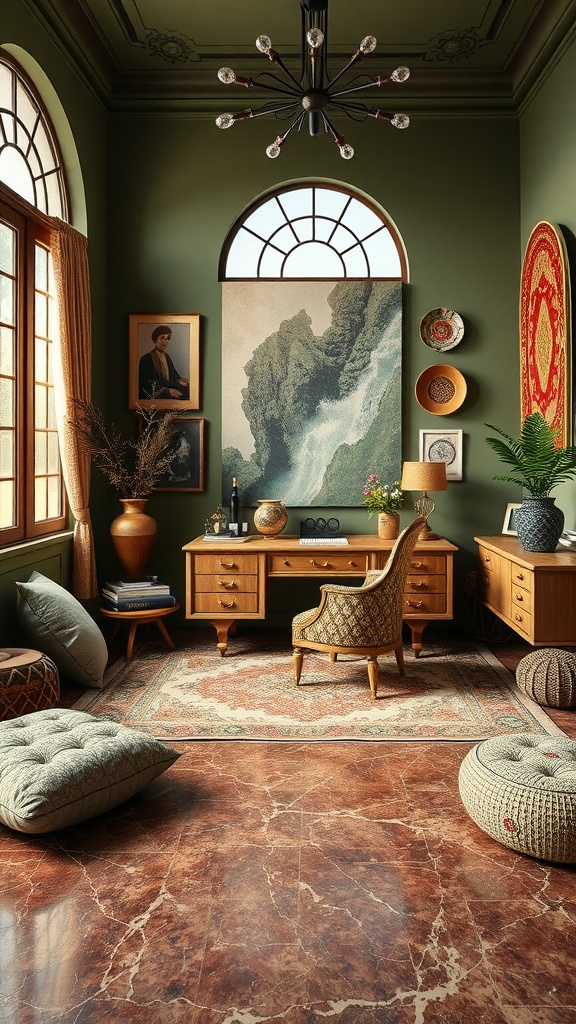 Cozy boho home office with layered textiles and olive green walls