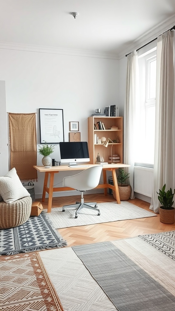 A cozy home office featuring layered rugs, a wooden desk, and natural decor elements.