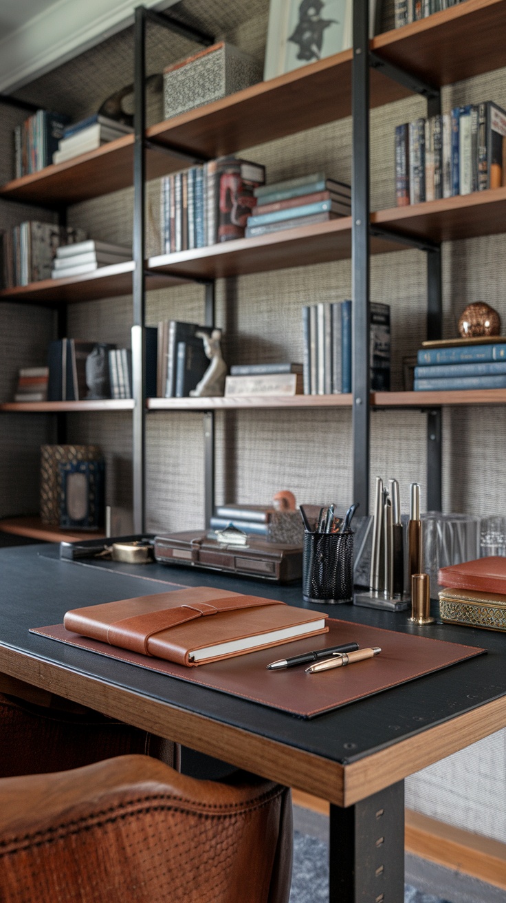A desk setup featuring leather-bound notebooks, stationery, and desk accessories
