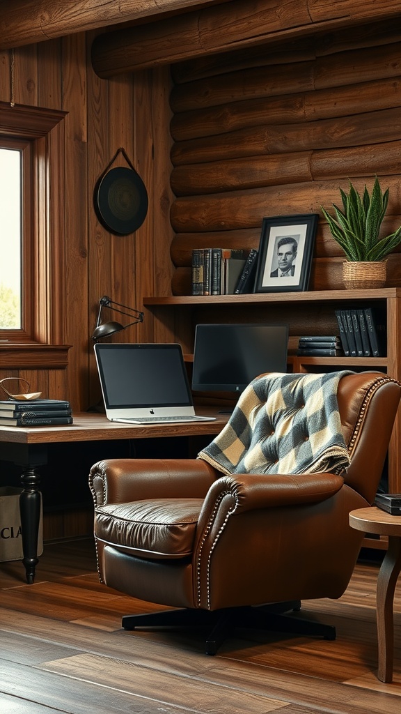 A leather armchair in a rustic office with wooden walls and a cozy atmosphere.