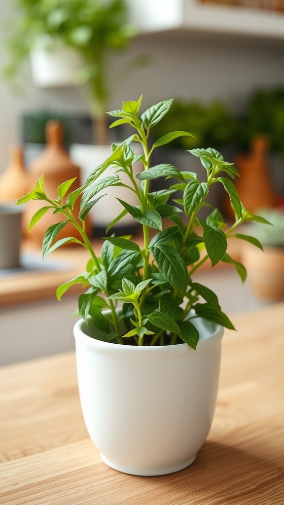 A healthy lemon balm plant in a simple white pot on a wooden surface, surrounded by other pots and green plants.