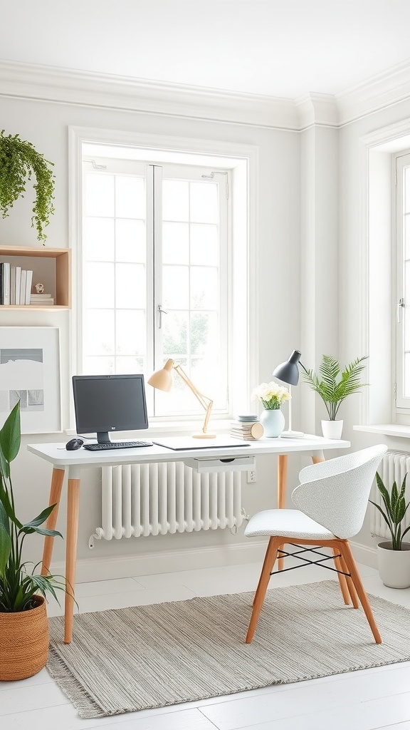 Light-filled home office with a minimalist desk, computer, plants, and a cozy chair.