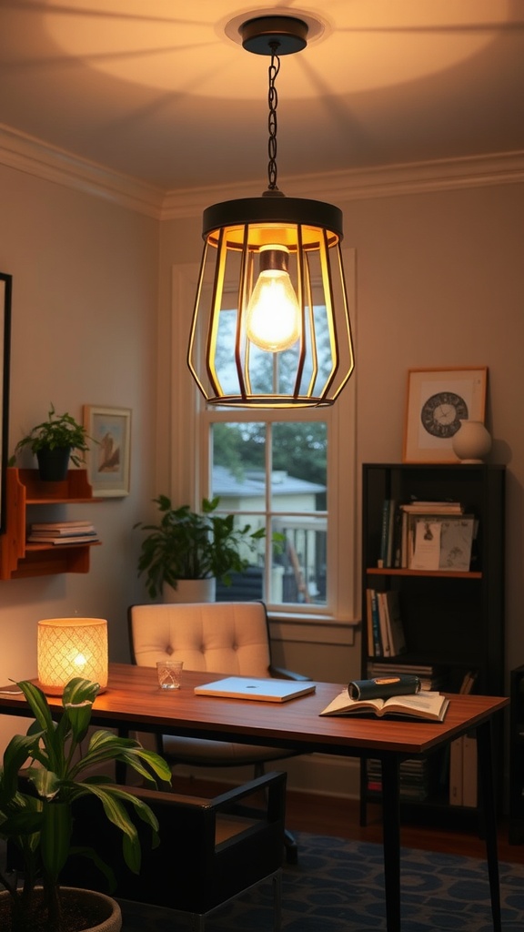A cozy home office with warm lighting, featuring a vintage pendant light, a green chair, and plants.