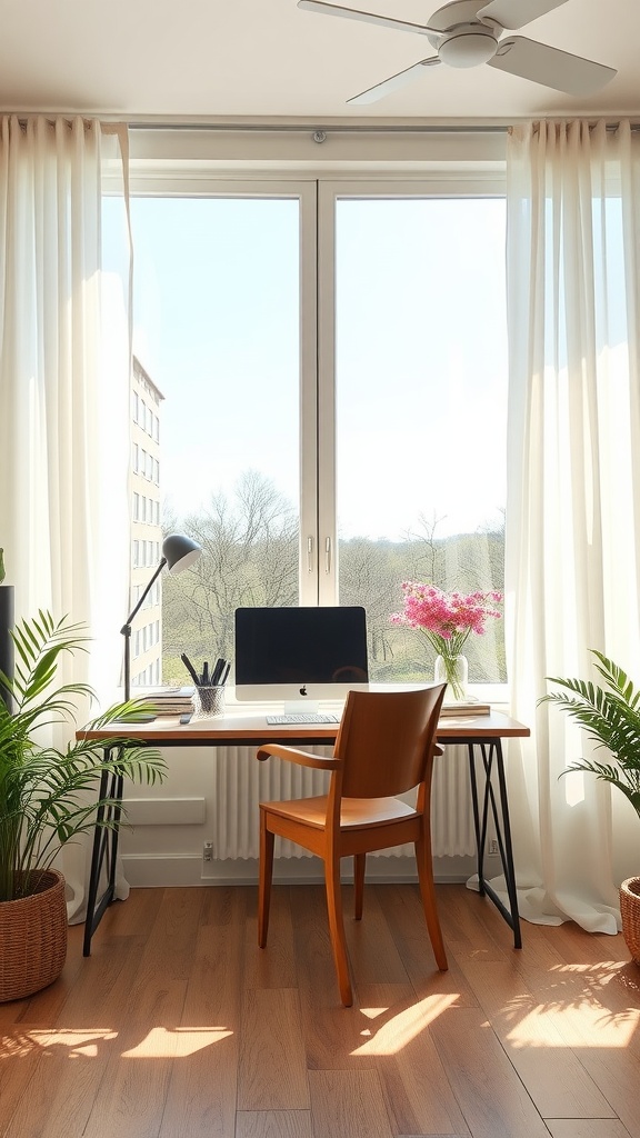 A bright home office with large windows dressed in lightweight curtains, a wooden desk with a computer, a chair, and plants, showcasing a spring aesthetic.