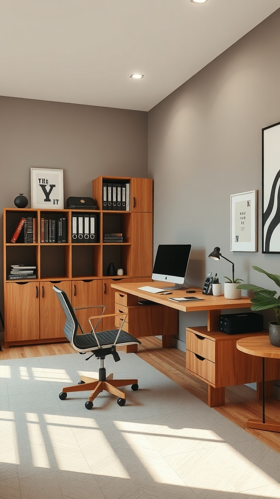 A modern home office featuring wooden furniture, a desk with a computer, and organized storage.