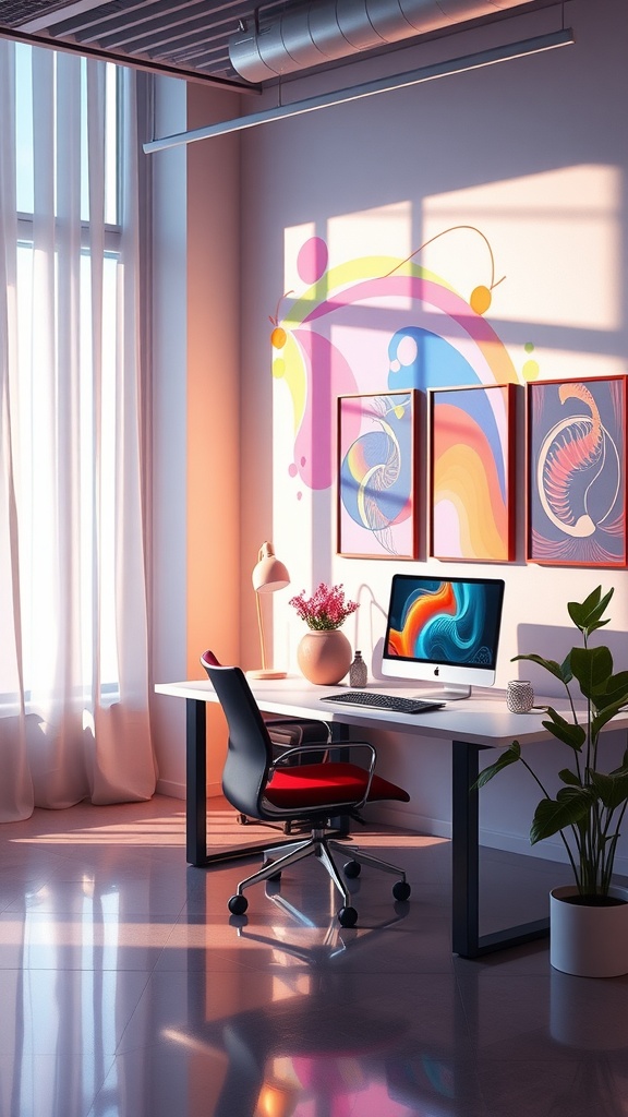Bright and stylish home office with luminous abstract art on the wall, featuring a desk, computer, and potted plants.